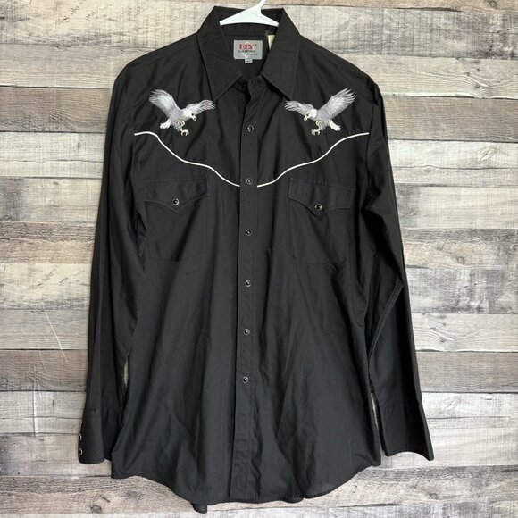 VTG Ely Diamond Western Shirt Mens M Black Embroidered Eagle Pearl Snap Rodeo - Picture 1 of 8